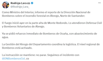 Rodrigo Lara informó sobre el inicio del incendio en Monte Redondo y el refuerzo solicitado a los Bomberos de Ocaña. - crédito @Rodrigo_Lara_/X