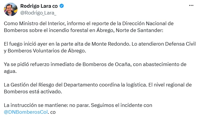 Rodrigo Lara informó sobre el inicio del incendio en Monte Redondo y el refuerzo solicitado a los Bomberos de Ocaña. - crédito @Rodrigo_Lara_/X