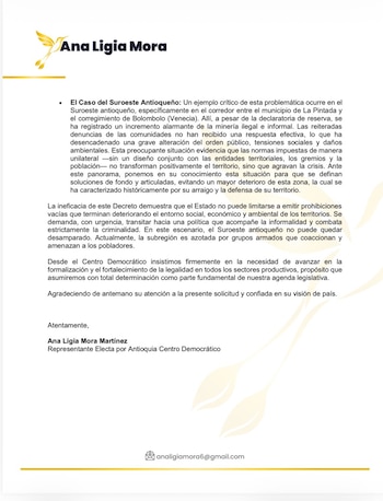 Mora advirtió que el Decreto 0044 de 2024 genera inseguridad jurídica, desincentiva la inversión y afecta procesos de formalización y licenciamiento - crédito Ana Ligia Mora /X