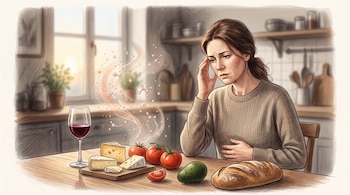 Dibujo de una mujer sentada ante una mesa con queso, pan, tomates, palta, una copa de vino tinto y partículas moleculares en el aire.