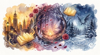 Ilustración acuarela de ciudad, bosque y reino invernal. Se ven edificios Art Déco, farolas, árboles, fuego, rosas, cristales, alas de hada, un dragón y libros abiertos.