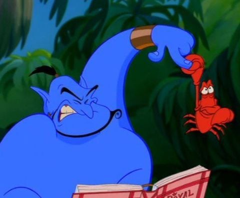 Sebastián apareció brevemente en Aladdin en 1992, donde se mencionó de forma explícita su nombre completo, aunque las producciones posteriores volvieron a usar solo su apodo (Disney)
