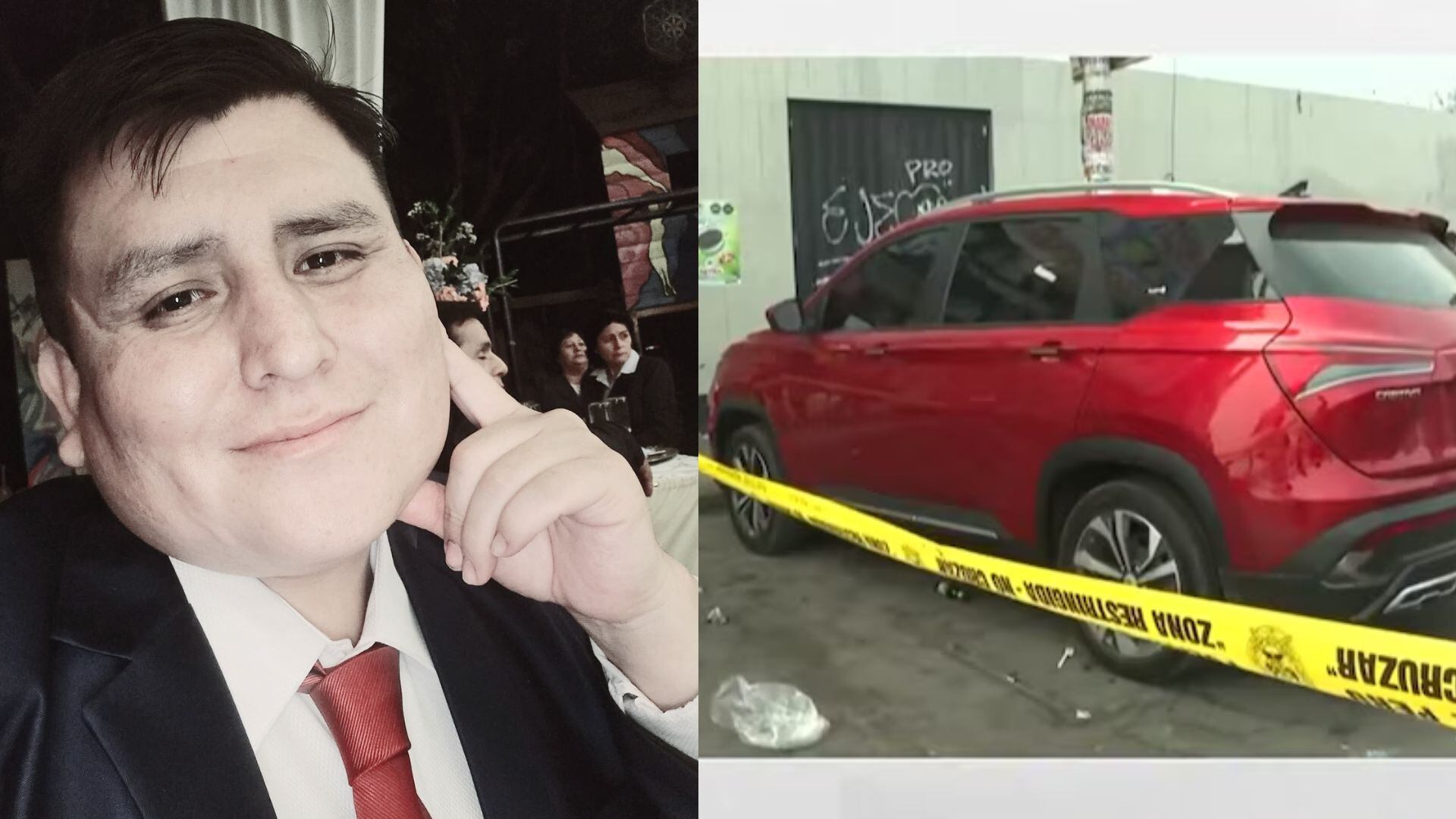 El promotor de eventos folclóricos Jhon Leyva, cuya imagen sonriente se muestra, fue asesinado, y su vehículo rojo aparece en la escena del crimen delimitada por cinta policial.