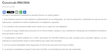 Este fue el comunicado de la Fuerza Aeroespacial Colombiana sobre las pólizas de seguro de las aeronaves - crédito Fuerza Aeroespacial Colombiana