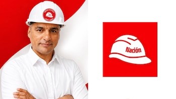 Un hombre con casco blanco y camisa blanca junto al logotipo de un casco con la palabra Nación sobre fondo rojo
