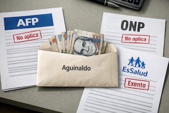 Un sobre con billetes de soles peruanos y la palabra "Aguinaldo", junto a documentos con los logos de AFP, ONP y EsSalud, sellados con "No aplica" o "Exento".