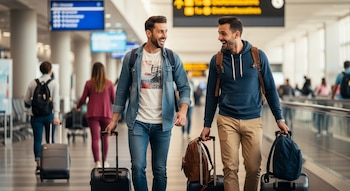 Dos hombres jóvenes y sonrientes caminan en un aeropuerto, llevando mochilas y maletas de cabina. Otras personas transitan y hay carteles de información.