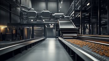 Línea de producción en fábrica de galletas, maquinaria industrial, proceso de horneado, industria alimentaria, repostería en masa - (Imagen Ilustrativa Infobae)