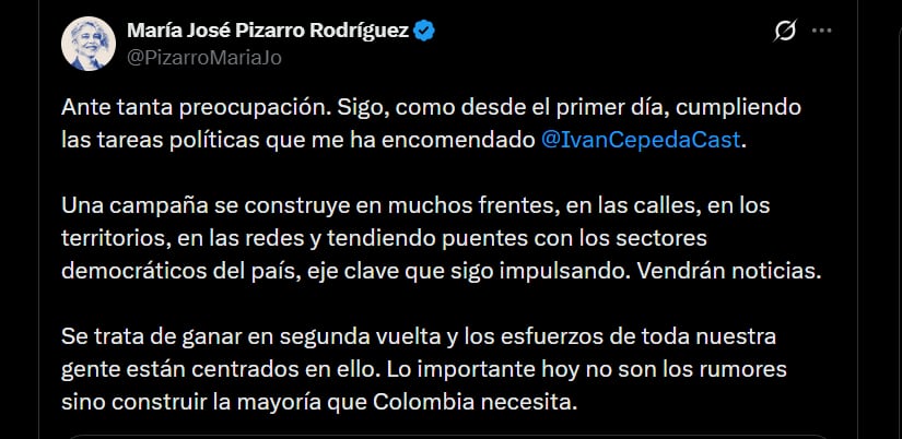 María José Pizarro se pronunció en su cuenta oficial de X y negó que haya salido de la campaña del Iván Cepeda - crédito @PizarroMariaJo/X