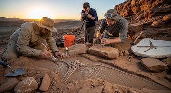 Tres hombres en un yacimiento excavan el esqueleto fósil de un pterosaurio; uno limpia con un cepillo, otro cincela y el tercero fotografía la escena al atardecer.