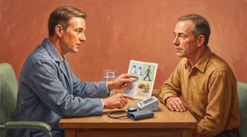 Pintura de un médico y un paciente sentados frente a una mesa con un tensiómetro, una lámina ilustrada y un vaso de agua sobre fondo terracota.