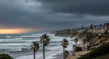 Vista de una playa en California durante una tormenta, con lluvia intensa, olas grandes, palmeras agitadas por el viento y casas en un acantilado.