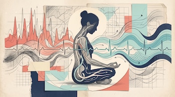 Ilustración de una silueta en posición de meditación junto a gráficas de picos rojos, ondas azules y una línea de electrocardiograma.