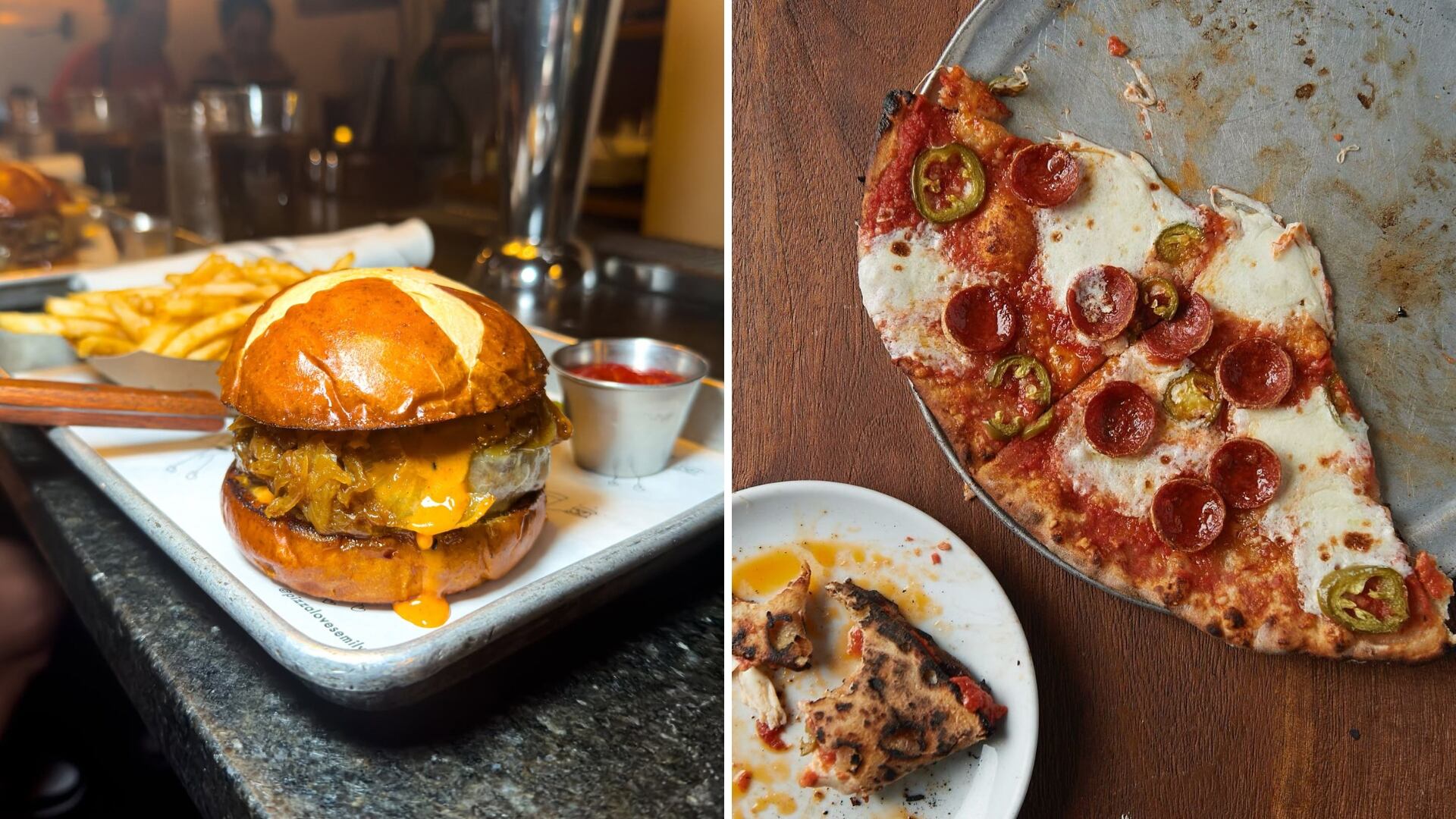 Hamburguesa y pizza del restaurante Emily, en Nueva York (Instagram / @pizzalovesemily)