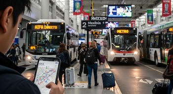 Vista sobre el hombro de una persona viendo un mapa de rutas al AIFA en su teléfono, con autobuses "AIFA Directo" y "Metro", señal de Mexibús y viajeros con equipaje.