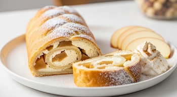 Roll de ricota y manzana casero, espolvoreado con azúcar glas, cortado y servido en plato blanco con crema batida con canela y rodajas de manzana.