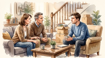 Ilustración en acuarela de tres personas sentadas en una sala con sillones, una mesa de centro y cajas de cartón junto a una escalera.