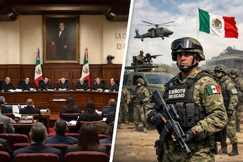 Imagen dividida mostrando a la izquierda magistrados de la SCJN en una sesión y a la derecha soldados del Ejército Mexicano con un helicóptero y bandera.