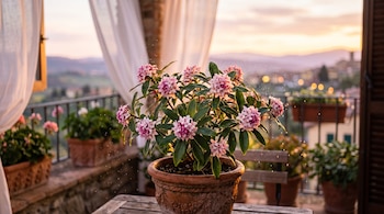 Una maceta de terracota con una planta de flores rosadas y blancas rodeada de finas gotas de agua en un balcón al atardecer.