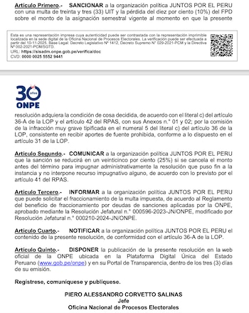 Multa de la ONPE que ha sido confirmada por el JNE