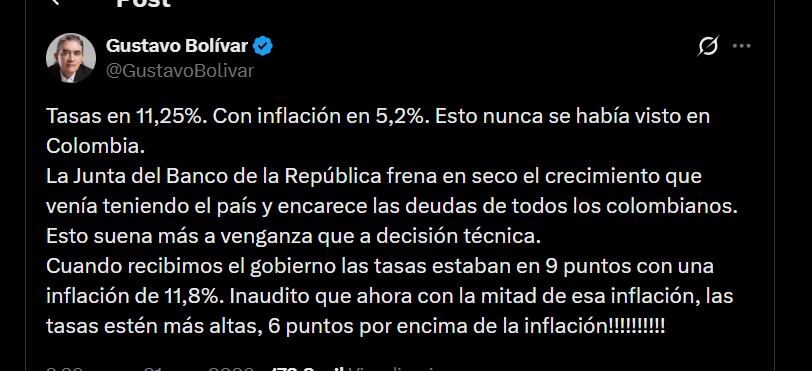 Gustavo Bolívar aseguró que la decisión del Banco de la República frena el crecimiento que experimentaba Colombia y “encarece las deudas de los colombianos”.- crédito @GustavoBolivar/X