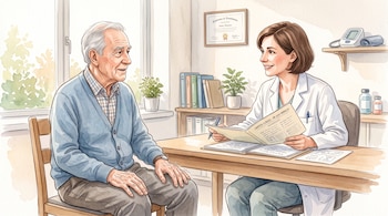 Ilustración en acuarela de un hombre mayor sentado frente a una médica que sostiene un expediente sobre su escritorio.