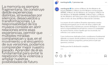 Declaración conjunta de los museos en Colombia sobre la medida del Gobierno sobre el retiro de cerca de 50 piezas del Museo Nacional - crédito @mambogota/Instagram
