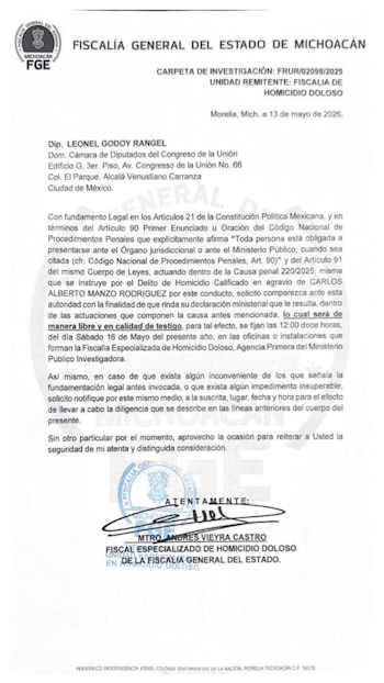 El documento de la fiscalía estatal señala que el diputado deberá presentarse el próximo 16 de mayo. Crédito: Redes Sociales