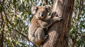 Un koala de pelaje gris-marrón y orejas blancas peludas se aferra a un tronco de árbol. Mira al frente. El fondo muestra follaje verde y borroso.