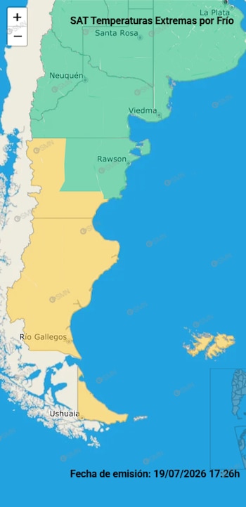 Un mapa de Argentina muestra zonas terrestres en verde y amarillo, océano azul, y texto 'SAT Temperaturas Extremas por Frío'. Ciudades y fecha de emisión 19/07/2026
