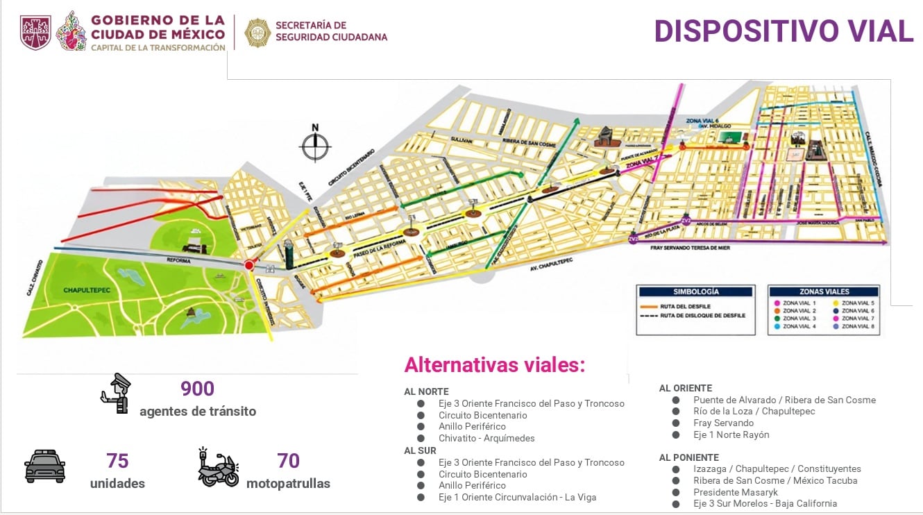 La Secretaría de Seguridad Ciudadana de Ciudad de México detalla las alternativas viales y el despliegue de 900 agentes de tránsito para las fiestas patrias. (X/ @GobCDMX)