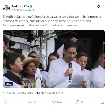 El gobernador de Antioquia, Andrés Julián Rendón, afirmó que la región es el muro de contención contra el comunismo en el país - crédito @AndrésJRendrónC/X