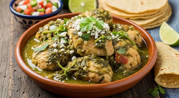Un plato de barro con pollo en salsa verde, verdolagas, queso desmoronado y cilantro. Alrededor hay tortillas de maíz, limones y pico de gallo.