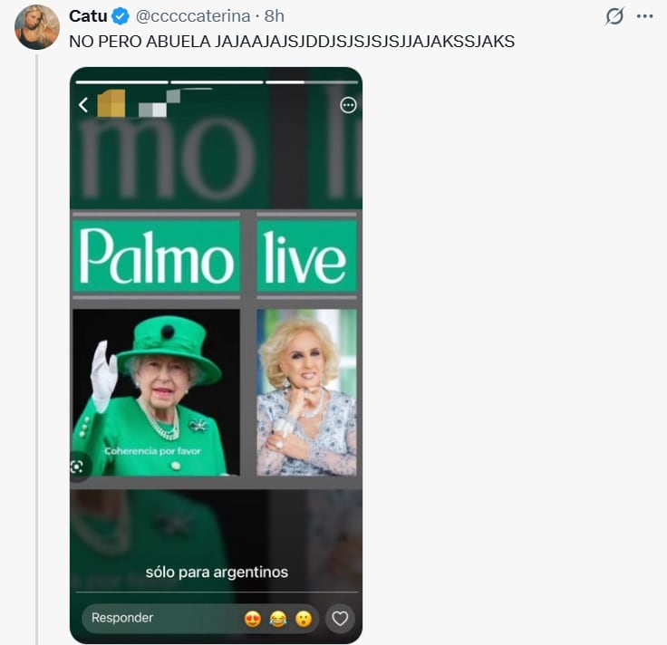 Otro meme ubicó a Mirtha Legrand en un palacio con una bufanda de Argentina y sumó una parodia viral de formato “Palmó-live”