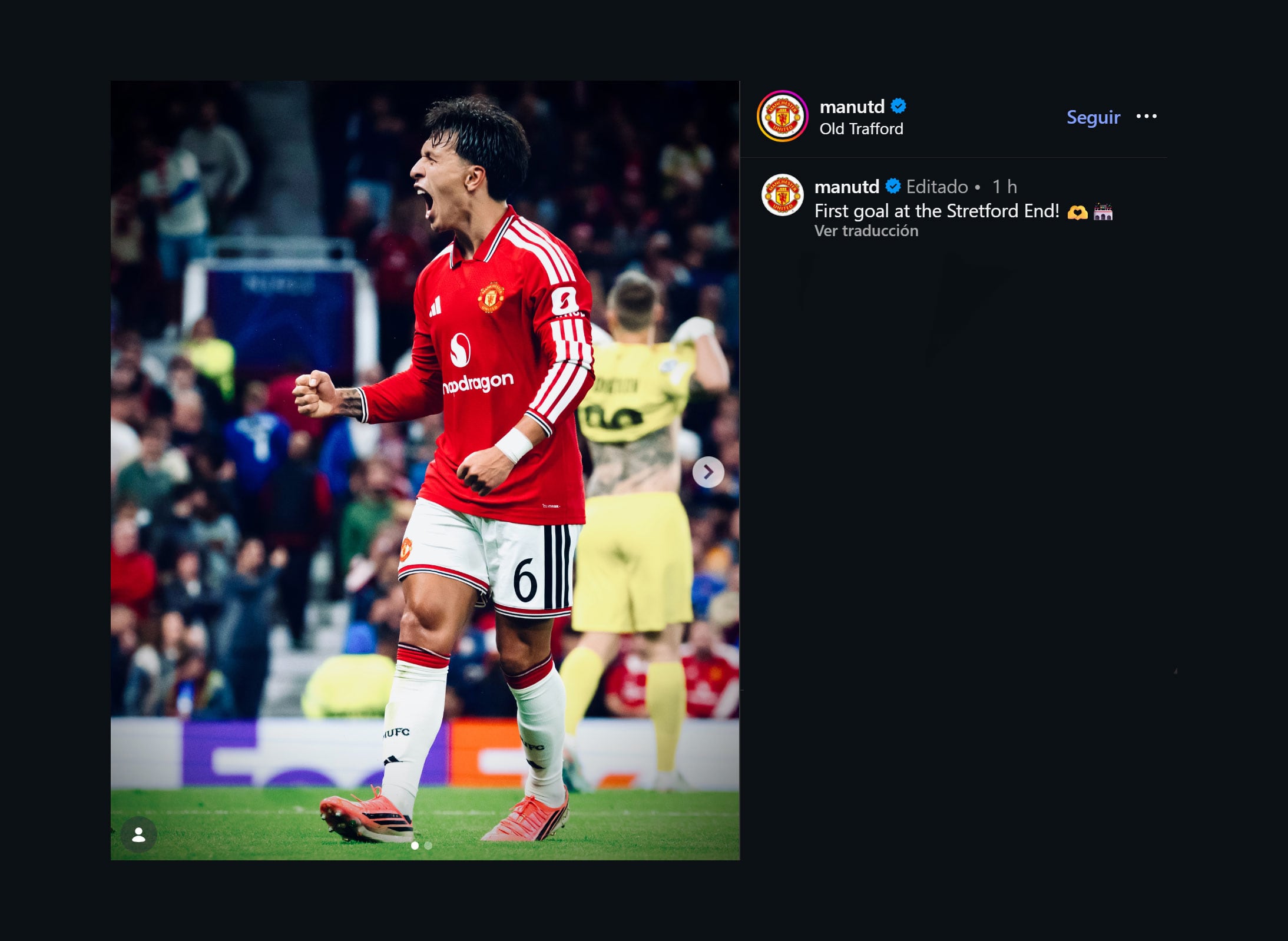 “¡Primer gol en el Stretford End!“, afirma la segunda publicación