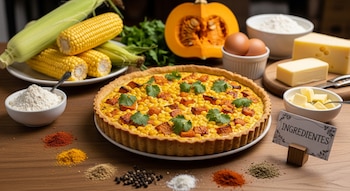 Tarta salada con maíz y cubos de calabaza, cilantro, mazorcas de maíz, calabaza, huevos, harina, mantequilla, queso y especias en una mesa.