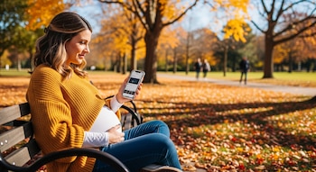 Una mujer embarazada sentada en un banco de un parque, usando un iPhone. Lleva un suéter mostaza y jeans. El fondo muestra árboles con hojas de otoño y césped.