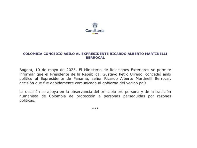 Con este corto comunicado de prensa, el Ministerio de Relaciones Exteriores confirmó que sí dio asilo al expresidente panameño Ricardo Martinelli - crédito @cancilleriacol/X