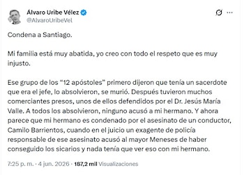 El expresidente Uribe señaló que a su hermano lo condenaron por el asesinato del conductor de bus Camilo Barrientos Durán - crédito @AlvaroUribeVel/X