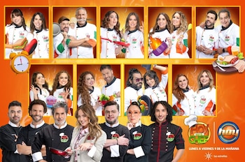 Un collage con múltiples parejas de celebridades y chefs, algunos con utensilios de cocina, sonriendo frente a un fondo naranja. Los logos de "Hoy soy el Chef" y "Hoy" son visibles