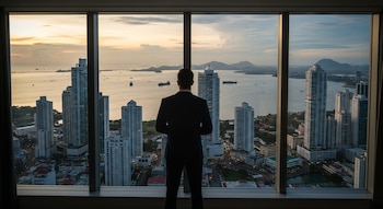 Vista trasera de un hombre con traje oscuro de pie frente a una gran ventana, observando la Bahía de Panamá y el horizonte de rascacielos al atardecer.