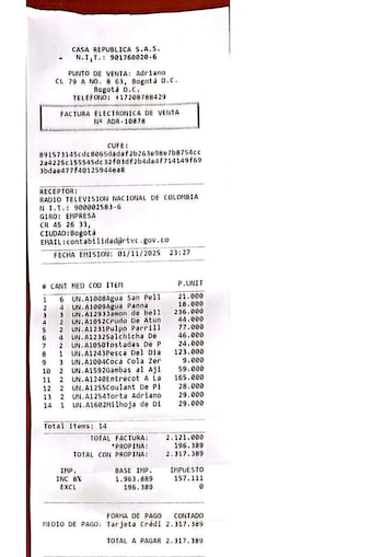 Las facturas a nombre de Rtvc incluyen propinas superiores a $350.000 y adquisición de jamón de bellota por $236.000 para la delegación venezolana - crédito @Danielbricen/X