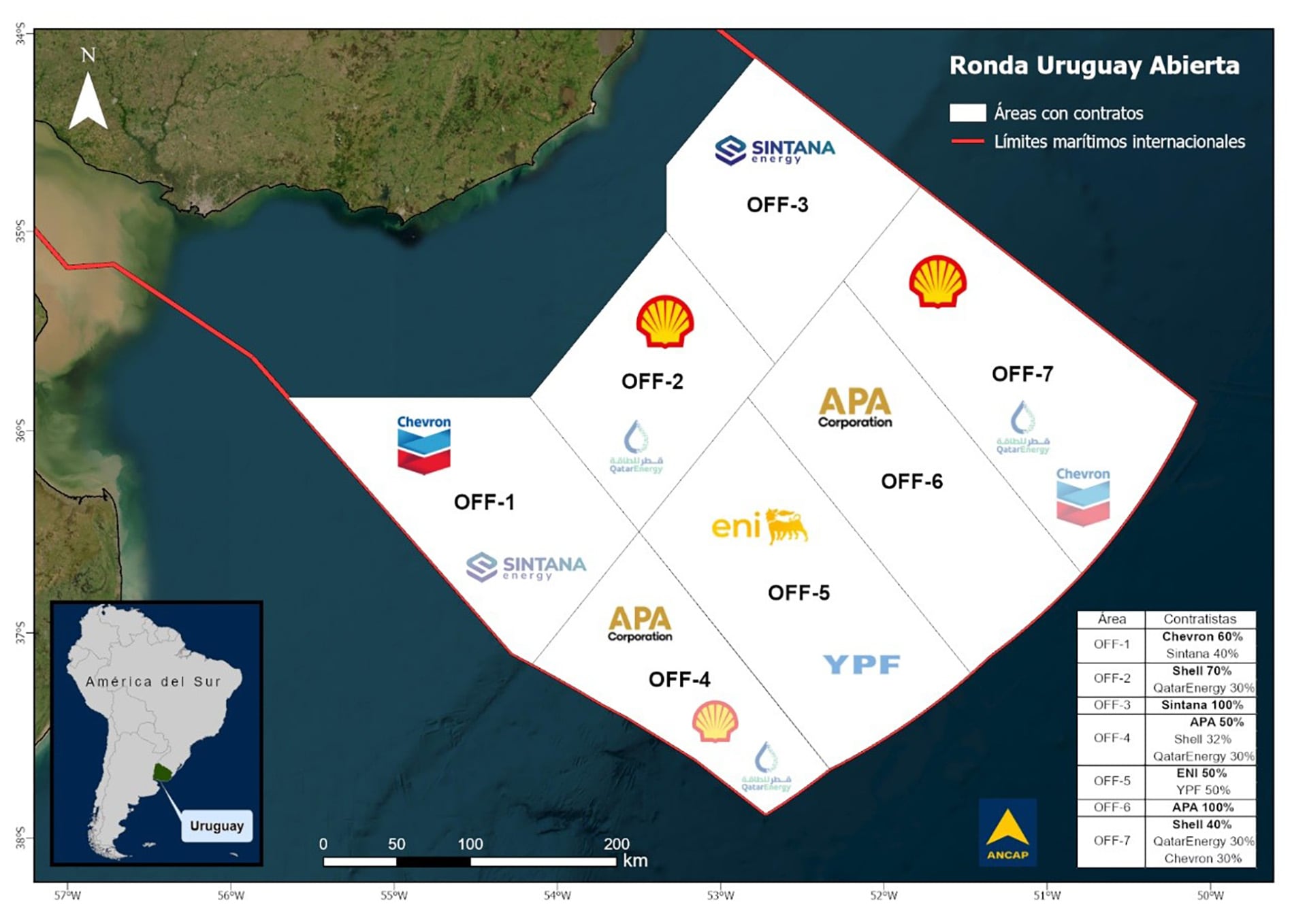 Un mapa de la Ronda Uruguay Abierta delimita los bloques marítimos de exploración petrolera adjudicados a empresas internacionales según los registros de ANCAP.