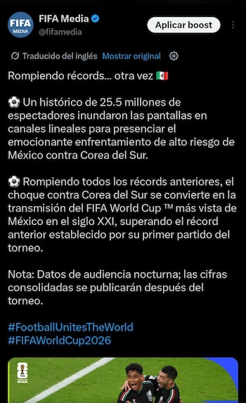 La FIFA reportó que el partido entre México y Corea del Sur alcanzó una audiencia histórica de 25,500,000 espectadores en canales lineales (captura de pantalla)