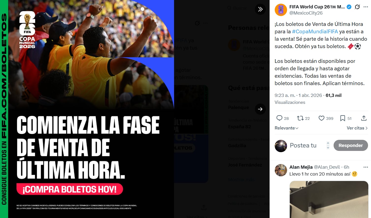 Con una demanda histórica y la venta activa hasta el final del torneo, la FIFA recomienda estar atentos y actuar rápido para no quedarse fuera del mayor evento futbolístico del mundo. (X/ @MexicoCity26)