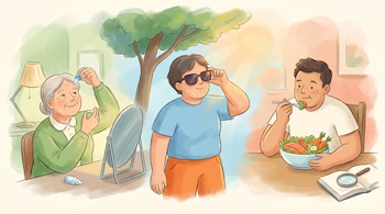 Caricatura de acuarela digital con tres personajes: una mujer aplica gotas, otra persona se coloca anteojos de sol y un hombre come ensalada de salmón.