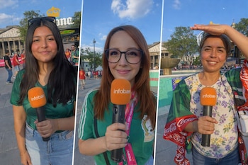Collage de tres imágenes. Tres mujeres sonríen al frente, cada una sostiene un micrófono naranja de Infobae. Visten prendas verdes en exteriores.