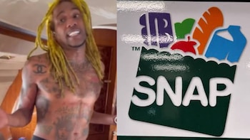 Un hombre con rastas amarillas a la izquierda y el logotipo del programa SNAP con una bolsa de compras y la sigla EBT a la derecha