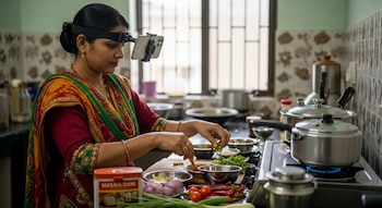 Mujer india cocinando en una cocina, con un teléfono móvil sujeto a un arnés en la cabeza. Ingredientes y ollas sobre la encimera.
