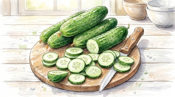 Cinco pepinos enteros, un pepino cortado a la mitad y numerosas rodajas de pepino sobre una tabla de cortar redonda, junto a un cuchillo con mango de madera.